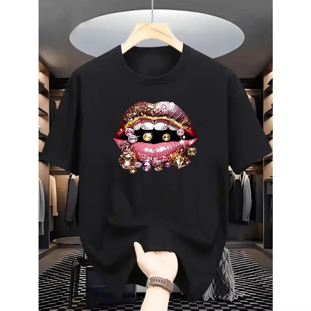 Beautiful Lips And Diamonds Printed Shortsleeved Unisex Unisexs Tshirt Casual Crew Neck Top For Spring Andsummer Novelty Clothing