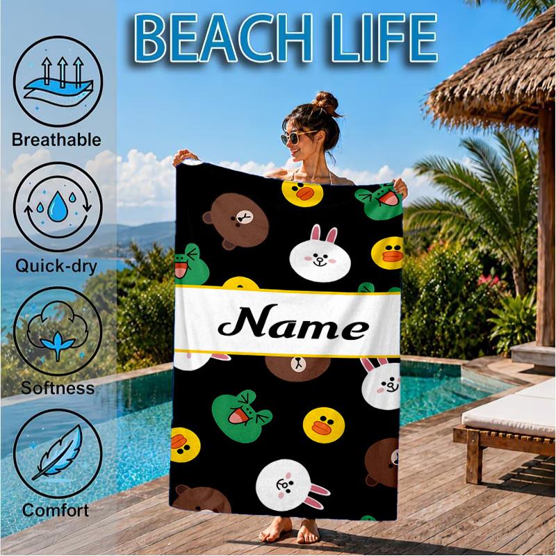 Custom Name Cute Cartoon Brown Bear Beach Towel Microfiber Beach Towel, Lightweight and Quick-Dry, for Summer Travel, Swimming Pool Gift