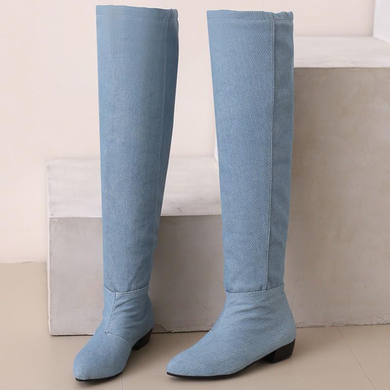 Модные женские сапоги выше колена, синие джинсы, зимняя обувь, плиссированные длинные сапоги на низком каблуке, женская обувь для вечеринок, большой размер 45 48