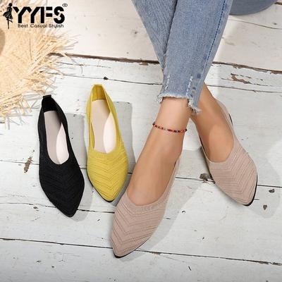 Женские туфли-лодочки с острым носком, однотонные вязаные слипоны, повседневные дышащие туфли на плоской подошве, женские лоферы, удобная женская обувь