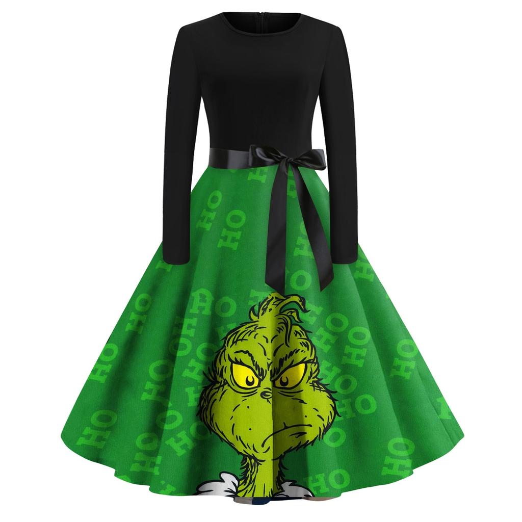 Женское модное повседневное платье с круглым вырезом и рождественским принтом и длинными рукавами