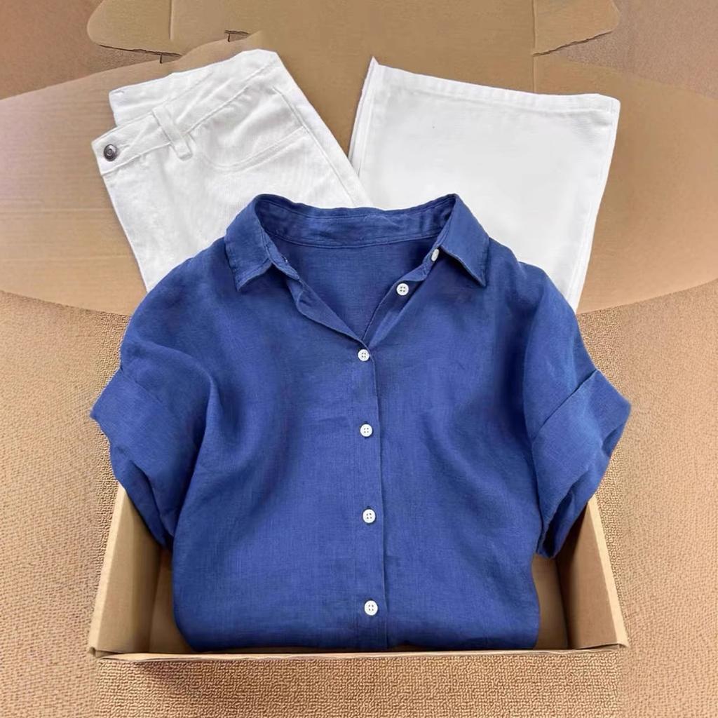 French pink ramie linen short-sleeved shirt women's summer loose lazy style thin casual cardigan shirt top
