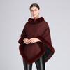 Vintage Knit Faux Fur Trim Poncho Solid-Color Sleeveless Coat Women Winter Thicken Lining Pullover Wraps Cloak Warm Shawl for Female