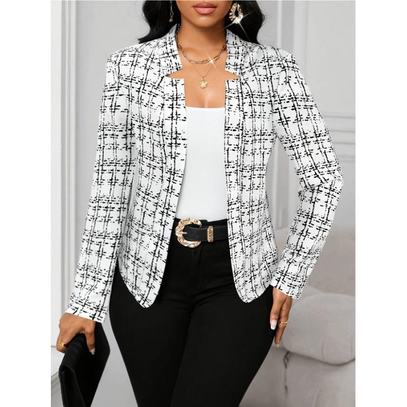 Women's Lightweight Plaid Long Sleeve Jacket - Stylish Open Front Outerwear for Spring & Fall, Black & White Houndstooth Pattern,