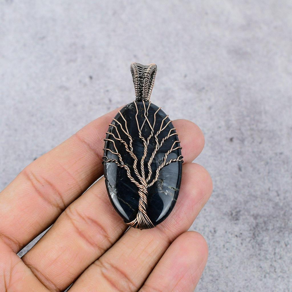 Tree Of Life Blue Tiger's Eye 999 Copper Wire Wrapped Jewelry, Handmade Beauteous Gemstone Jewelry Pendant For Women