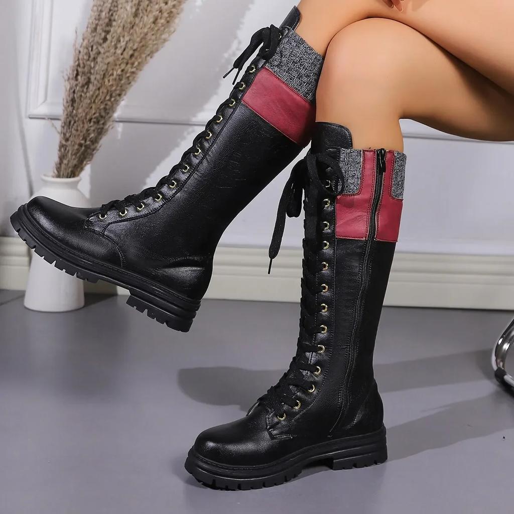 Модные высокие ботинки на платформе Western Boots для женщин Осень-зима Новые сапоги из искусственной кожи до середины голени Женские лоскутные нескользящие длинные ботинки