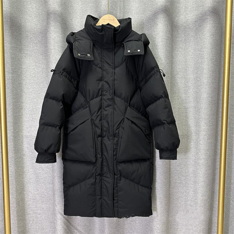Женская зимняя осенняя куртка-пуховик с капюшоном из белого утиного пуха, свободное длинное однотонное пальто с большим карманом, съемная шапка, пуховое пальто
