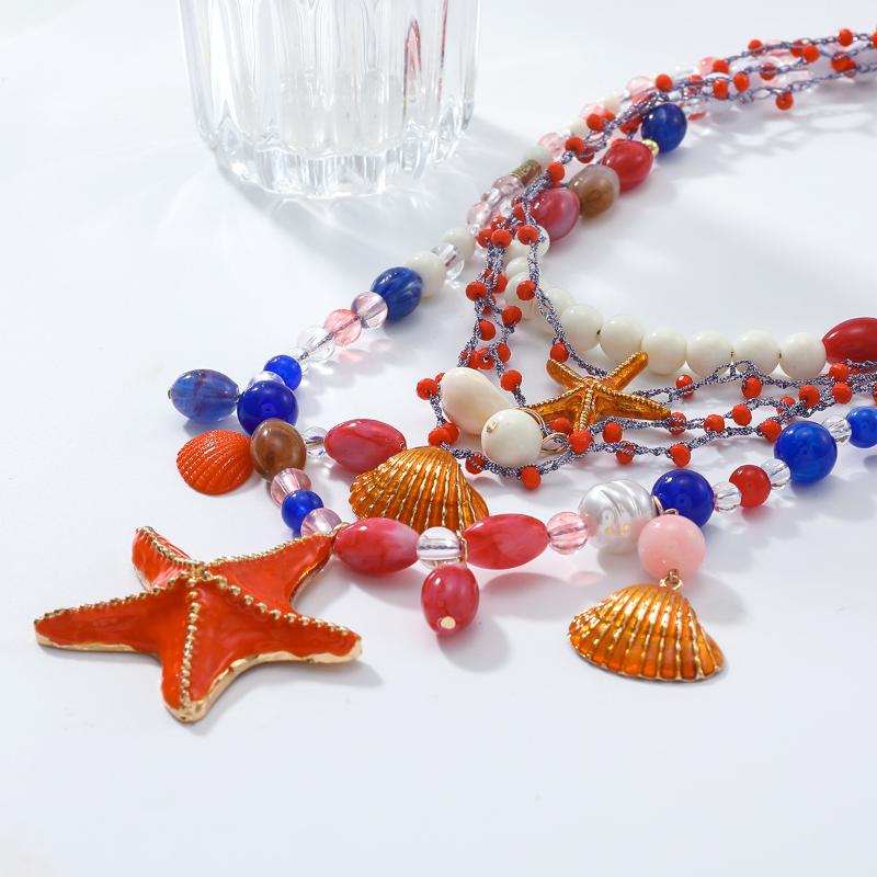 Многослойное плетеное вручную ожерелье из бисера и ракушек морской звезды для женщин, летний стиль для отпуска на океане, праздничная бижутерия, шейные аксессуары