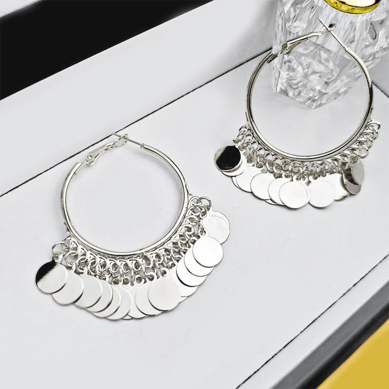 Bohemian Round Sequins Pendants Women's Dangle Earrings Hollow Round Gold Metal Buckle Exaggerated Hanging Earrings