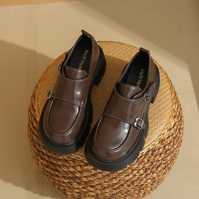 Модные весенние новые туфли на грубом каблуке, женские, с круглым носком, глубоким вырезом, металлической пряжкой, толстой подошвой, противоскользящие, износостойкие, на высоком каблуке