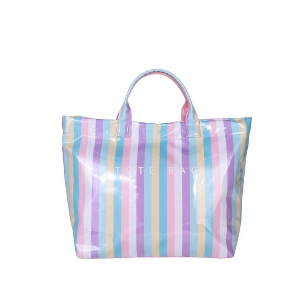 Large Capacity Striped Tote Bag Colorful Shoulder Bag Multi-Functional PVC Handbag Daily