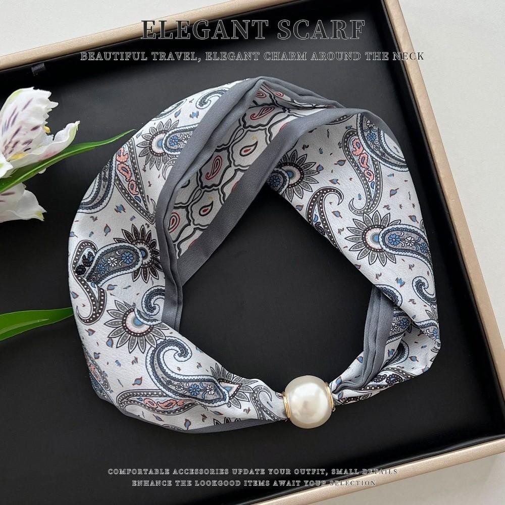 Thin Pearl Silk Scarf Magnetic Clasp Neck Wrap Fashion Neckerchief for Women