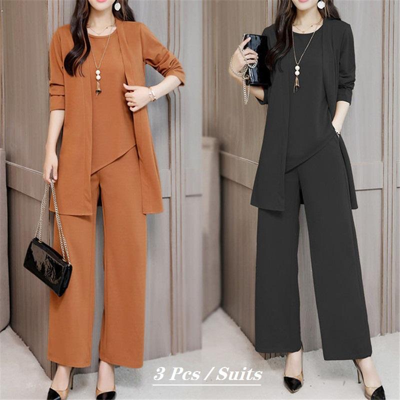 Весна, лето, осень, женские модели, свободный повседневный комплект из трех предметов, с круглым вырезом, короткими рукавами и длинными рукавами + свободные широкие брюки