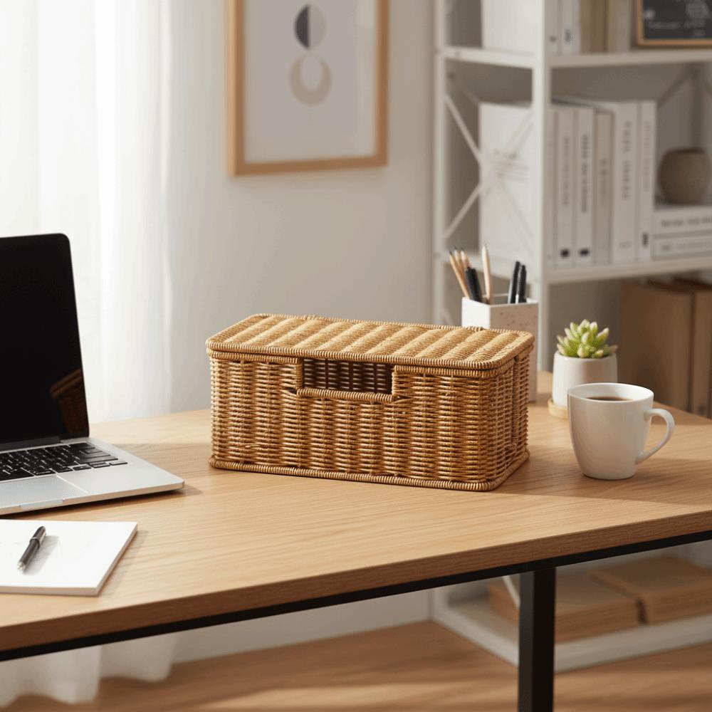 Hand-Woven Imitation Rattan Cable Organizer Box Well-ventilated 2/3/5 Open Slot Desktop Cable Management Box Rustic Style