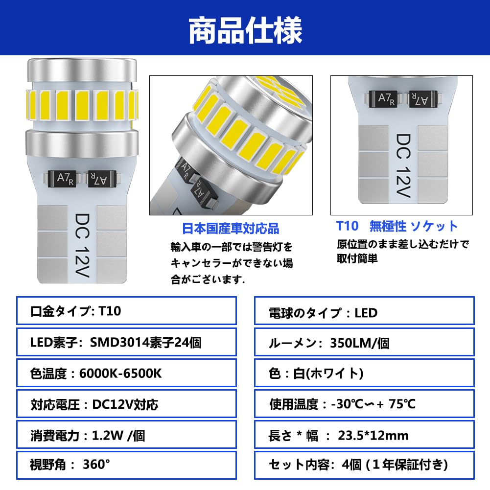 Светодиодный фонарь T10 белого цвета, 4 шт., совместимый с техосмотром транспортного средства, светодиодный чип 3014, 24 ряда, 12 В, габаритный фонарь/лампочка номерного знака/подсветка номера