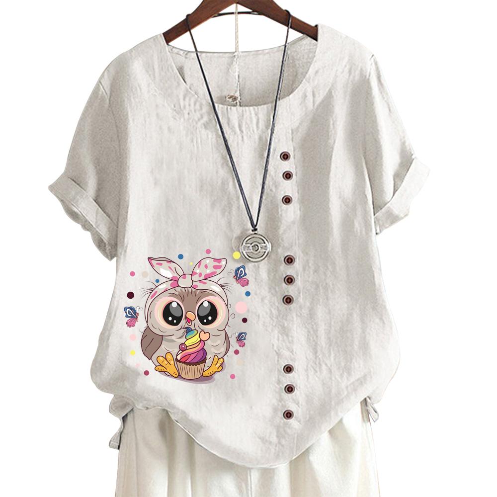 Women's Cotton Linen Casual Tee with Round Neck and Short Sleeves - 6 Stylish Patterns