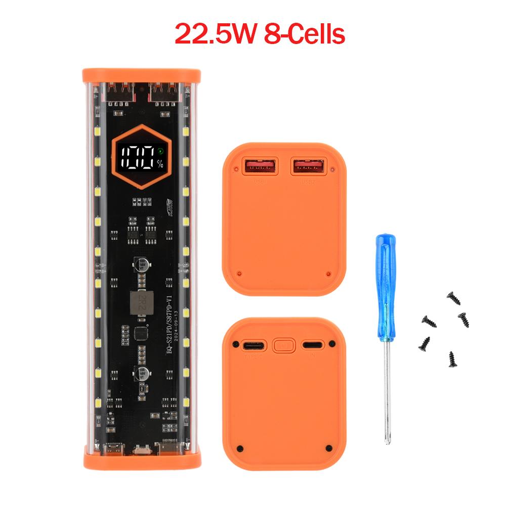 Прозрачный DIY Power Bank Kit 100 Вт PD3.1, 8 ячеек 21700, Беспаечный держатель батарей, Регулируемое напряжение DC, Коробка для быстрой зарядки