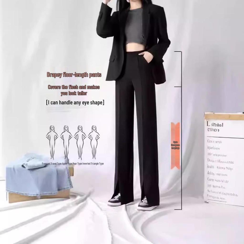 Женские брюки-костюмные микроклеш с разрезом и широкими штанинами с высокой посадкой на осень 2024 года - Универсальные, стройнящие, повседневные брюки