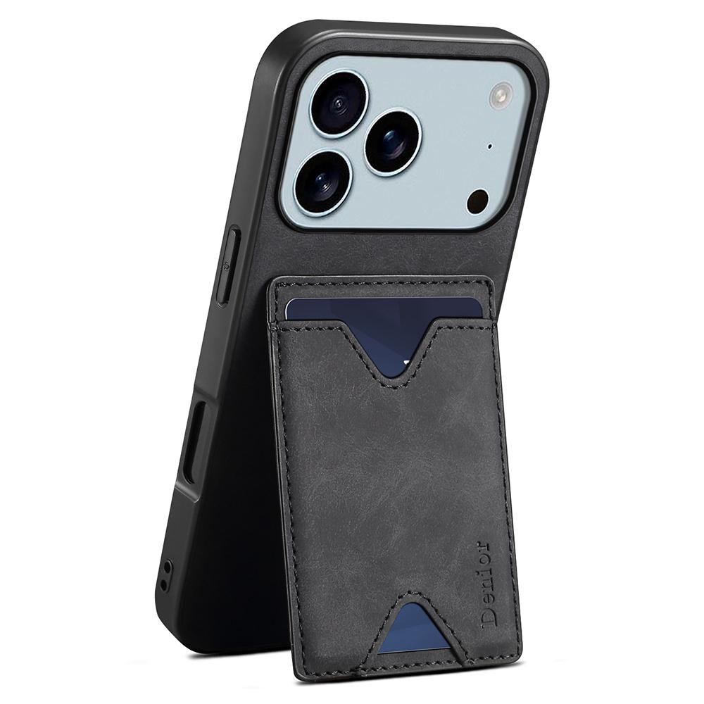 DENIOR For iPhone 17 Pro Case Card Holder Kickstand Leather+PC+TPU Phone Cover