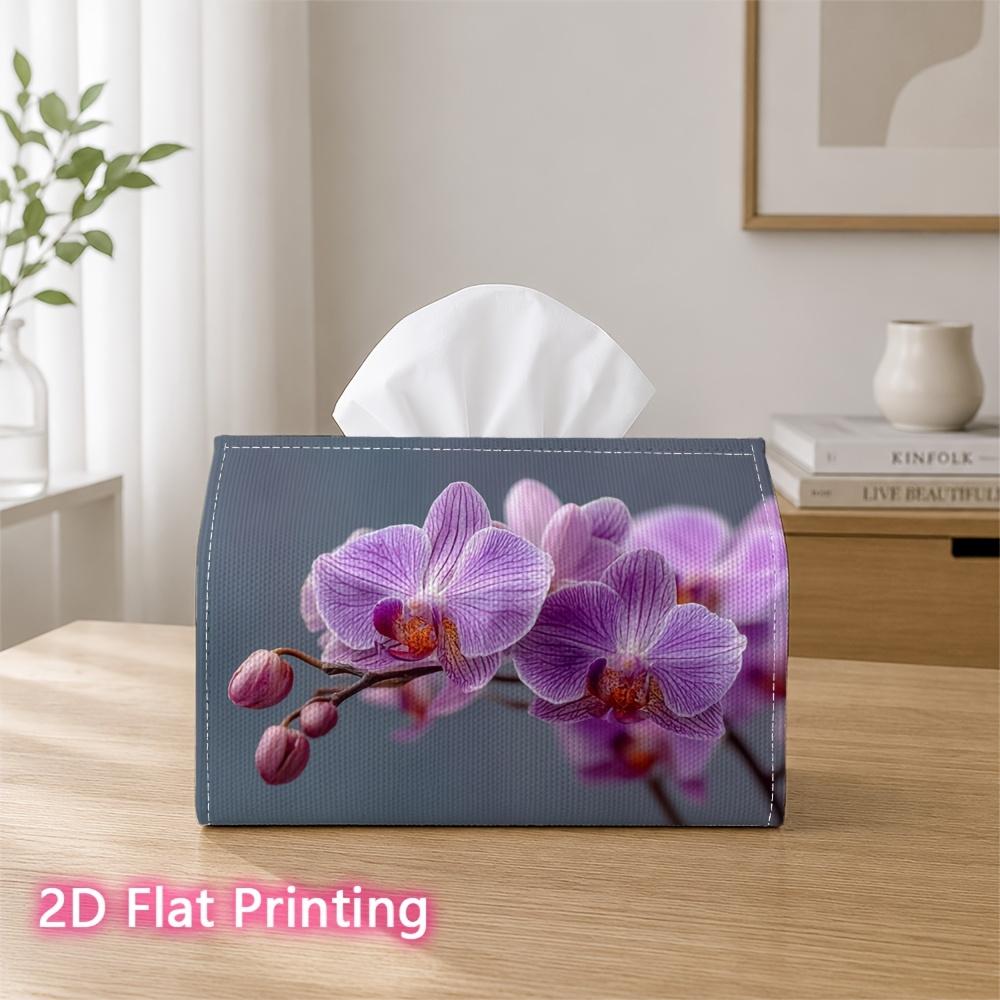 1pc 2D Flat Printed 17.78X10.92X12.95cm Tissue Box Purple Orchid Flower Branch Close-Up Suitable for Home, Office, Vehicle, And Party Settings CC608L0
