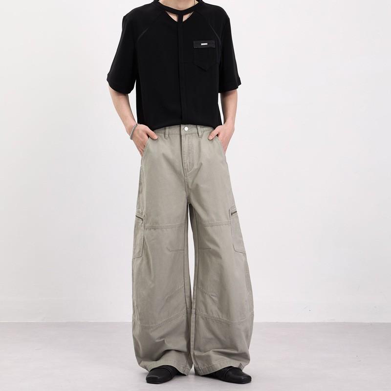 Mens Baggy Cargo Pants With Side Zip Pockets Washed Cotton Loose Fit Streetwear Trousers Teens Adults