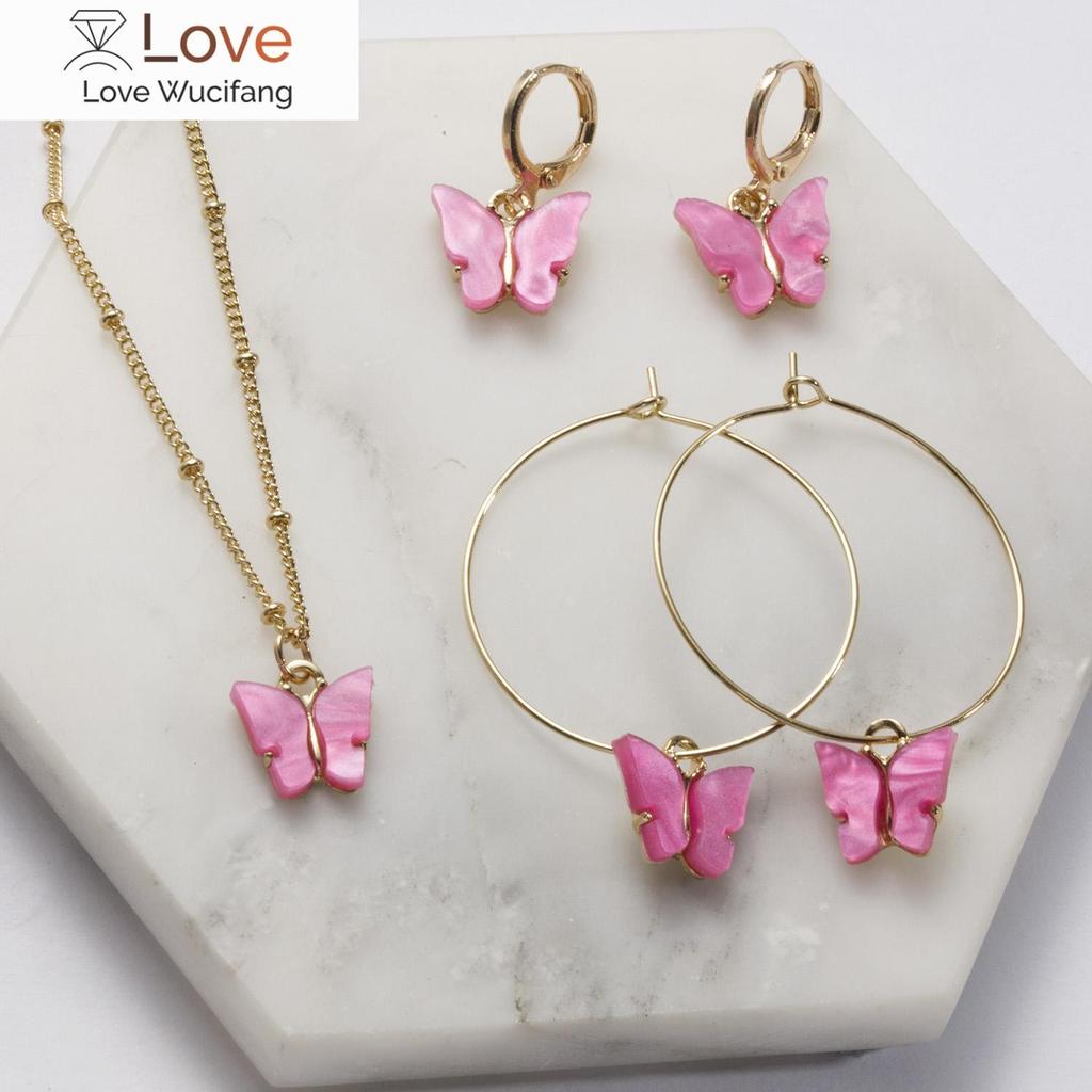 Acrylic Butterfly Pendant Earrings Necklace Combination Set Japan And South Korea Sweet Style Alloy Chain Jewelry Set