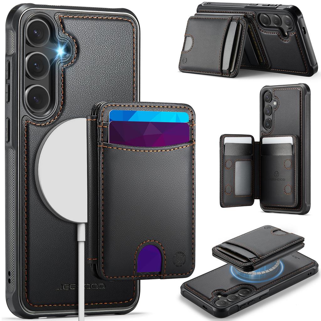 For Samsung Galaxy S25 Magnetic Case JEEHOOD J10 Leather Back Phone Cover with Detachable Card Holder Kickstand