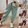 Women Casual Pants Solid Color Loose Fit Long Trousers Elastic Waistband Adjustable Drawstring Pants with
