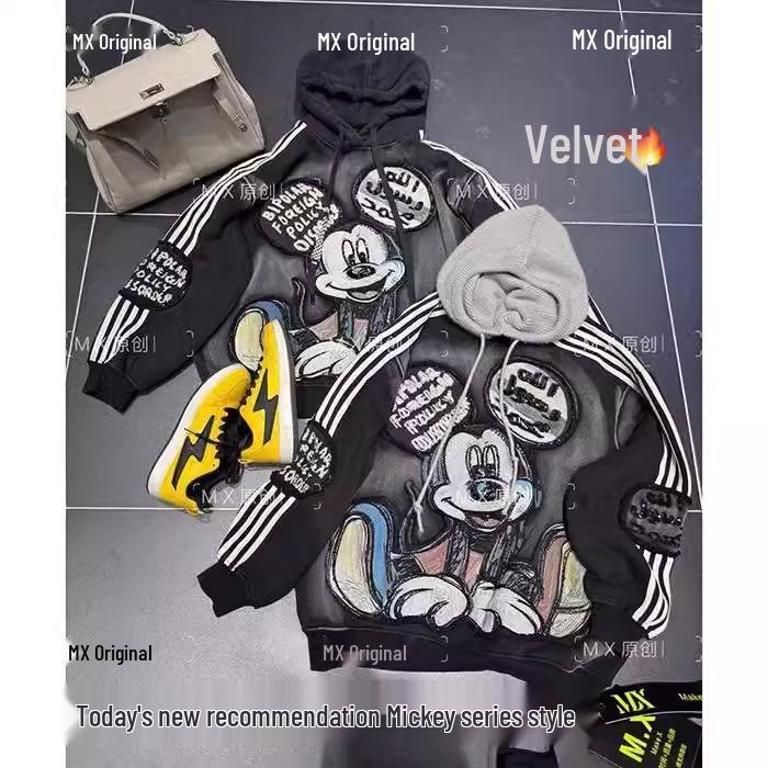 Женская толстовка с капюшоном большого размера с аппликацией Микки и флисовой подкладкой (Сверхпрочный, Три полоски)