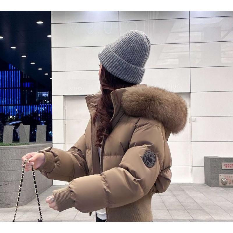 Womens Short Puffer Coat Hooded Fur Trim Winter Warm Slim Fit Cotton Jacket