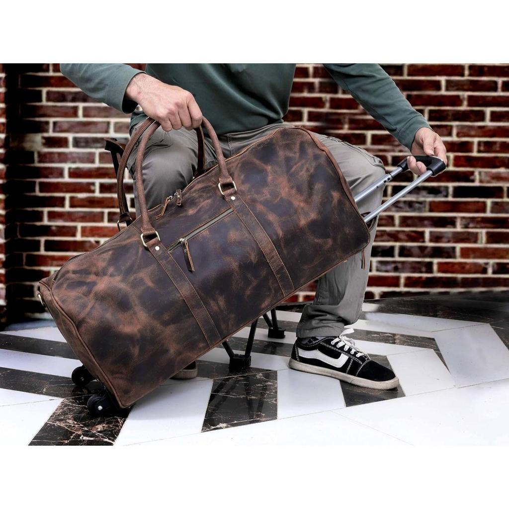 Weekender Leather Duffel Bag for Men Overnight Vintage Travel Duffle with Shoulder Strap Carry On Sports Gym 24 Inch