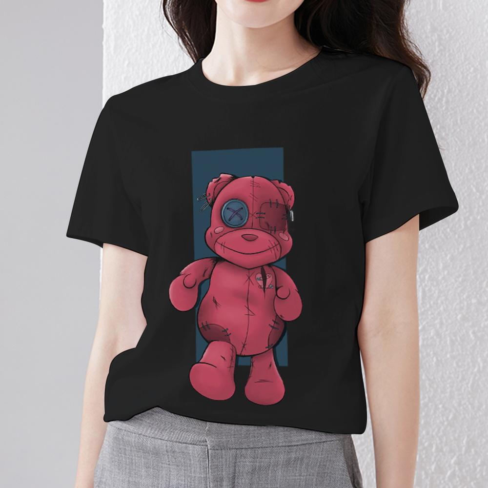 Летние женские футболки Kawaii с рисунком плюшевого мишки, женские топы, женские черные универсальные футболки с круглым вырезом и короткими рукавами, одежда