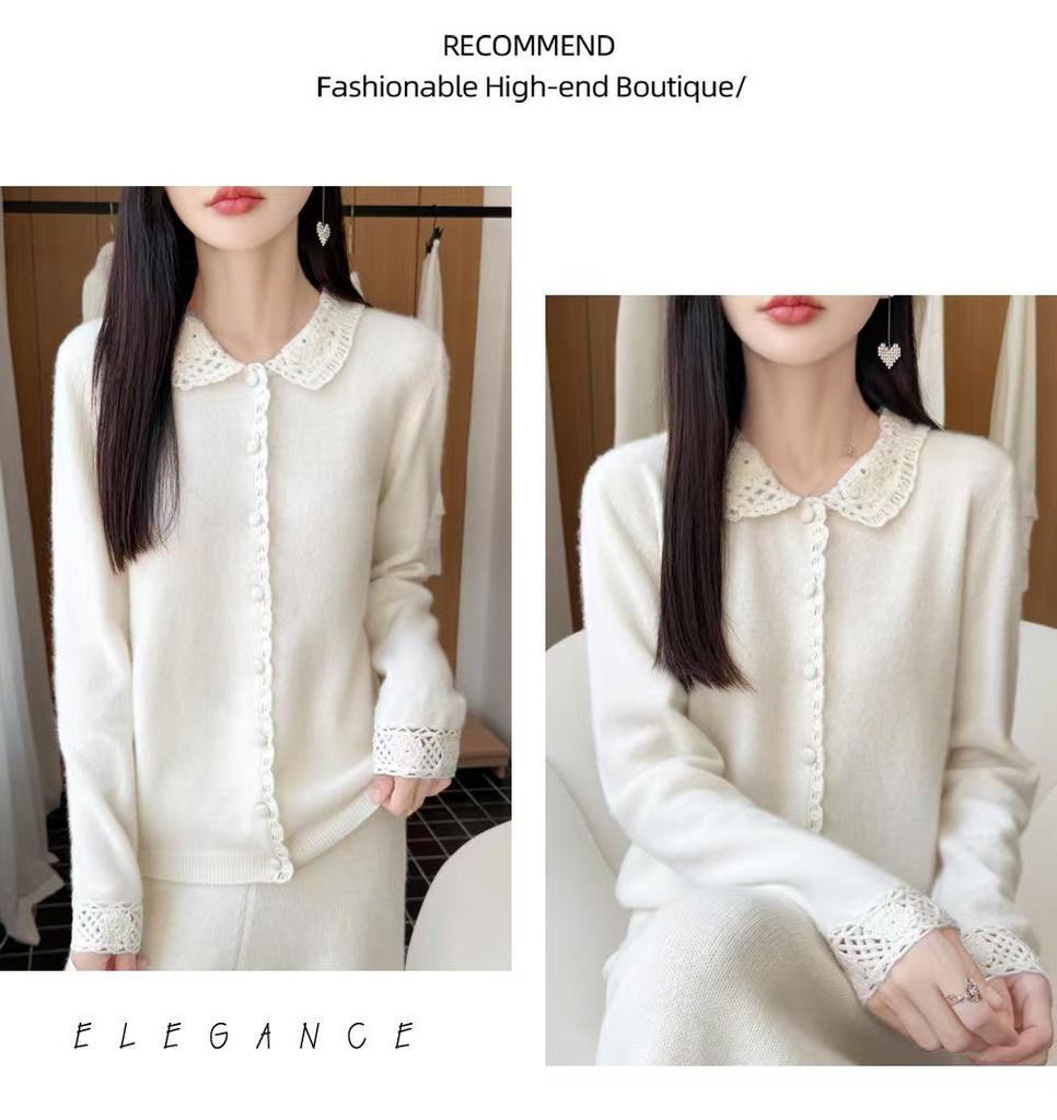 Autumn/Winter Wool Knit Polo Neck Cardigan - Women's Long Sleeve Hollow Crochet Loose Outerwear