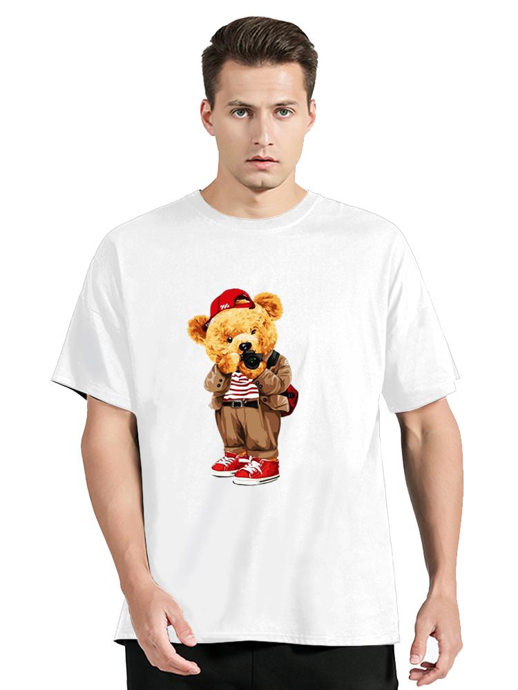 Fashion Teddy Bear Taking Your Photo Print Tshirt For Unisex Loose Oversized Clothes Breathable Cotton Short Sleeve Hip Hop Tees