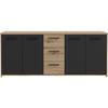 Buffet PILVI - Style contemporain - Particules mélaminé -Décor Chêne artisan et Noir- 4 portes + 3 tiroirs - L179,2 x P42 x H74,5