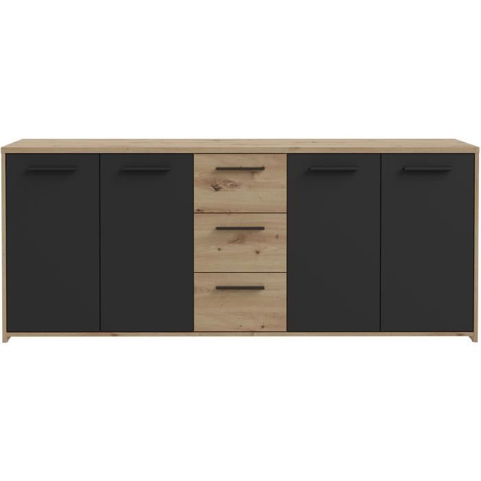 Buffet PILVI - Style contemporain - Particules mélaminé -Décor Chêne artisan et Noir- 4 portes + 3 tiroirs - L179,2 x P42 x H74,5