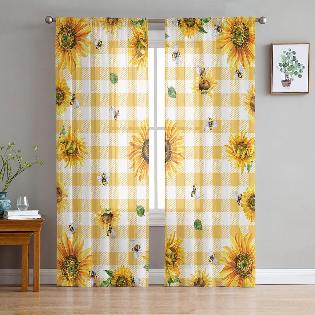 Sunflowers Wood Boards Translucent Drape ideal for Living Room Voile for Window Opening Shades Bedroom Tulle Drape Kitchen Cortinas Hall Curtains