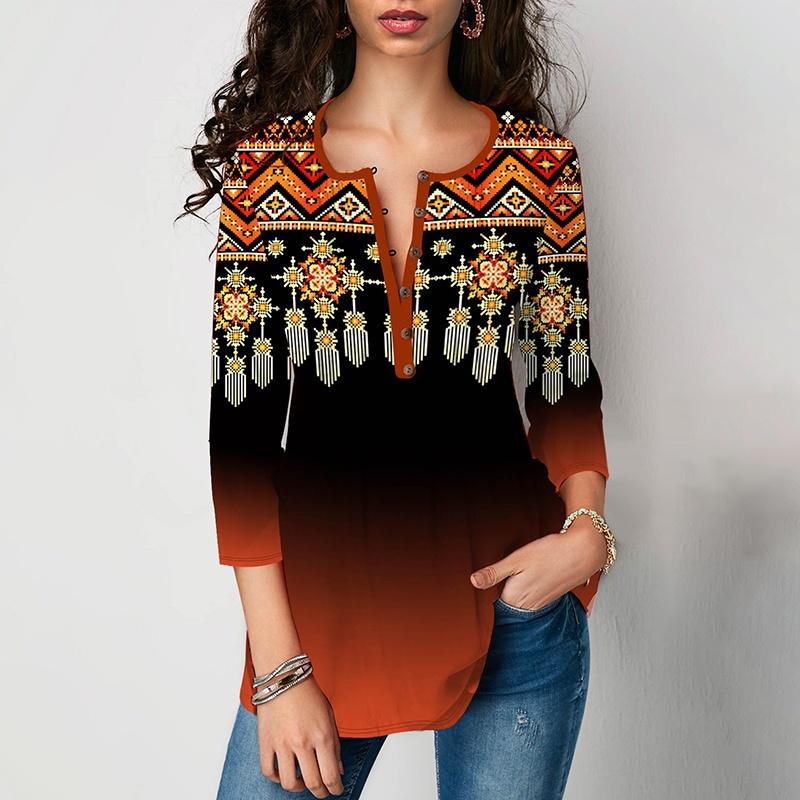 Новый тренд Женская мода Свободный повседневный Рукав 3/4 Этнический стиль Цветочный принт Завернутый V-образный вырез Рубашка на пуговицах и блузки Туника