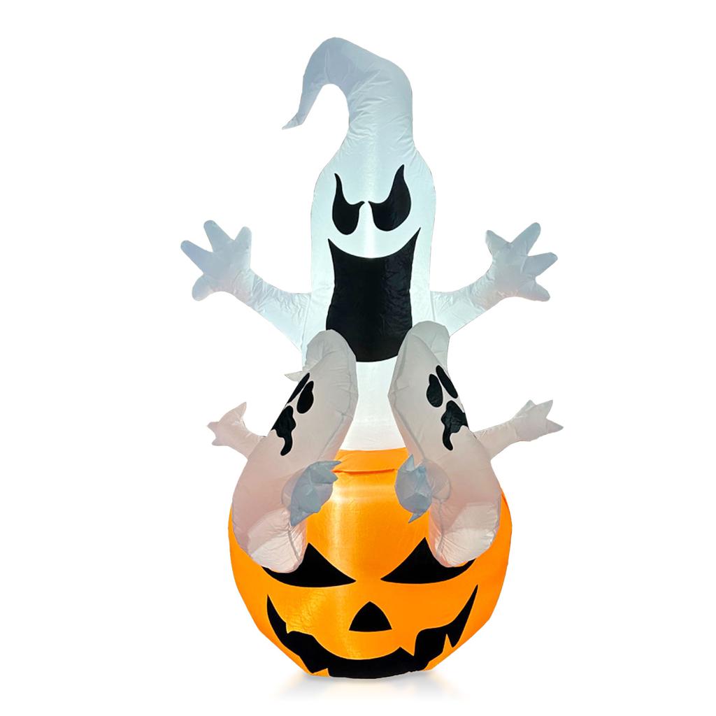 5.9FT Glowing White Ghost Pumpkin Inflatables Halloween Outdoor Decoration Blow Up Three Ghost