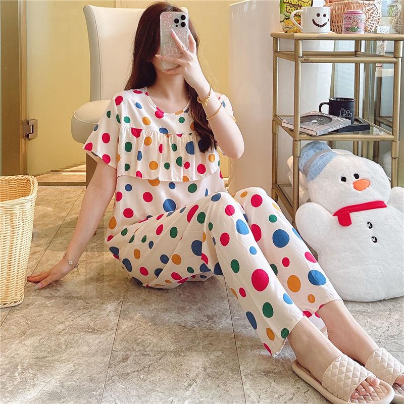 Artificial cotton pajamas women's spring and summer anti-bump cotton and silk loungewear suit summer cute plaid large size pajamas outside wear