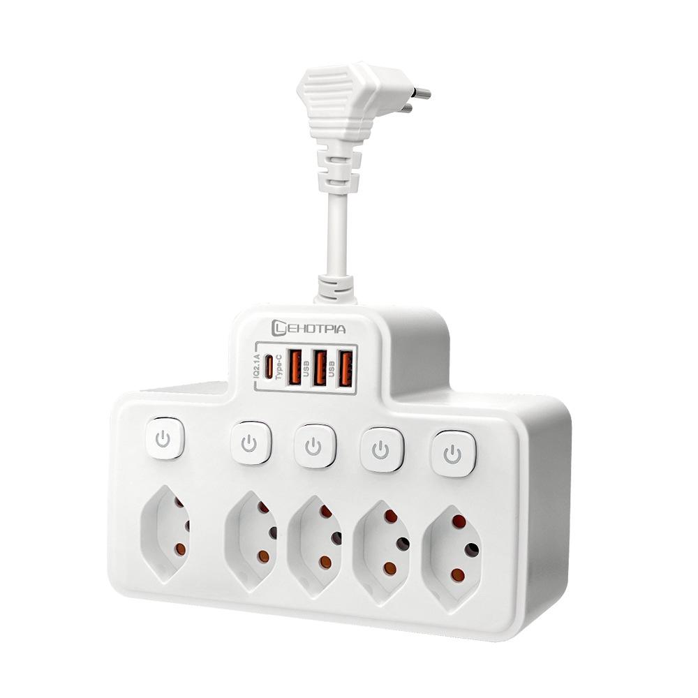 Brazilian Multi-hole Power Socket with USB, Long/Short Cord, Black/White