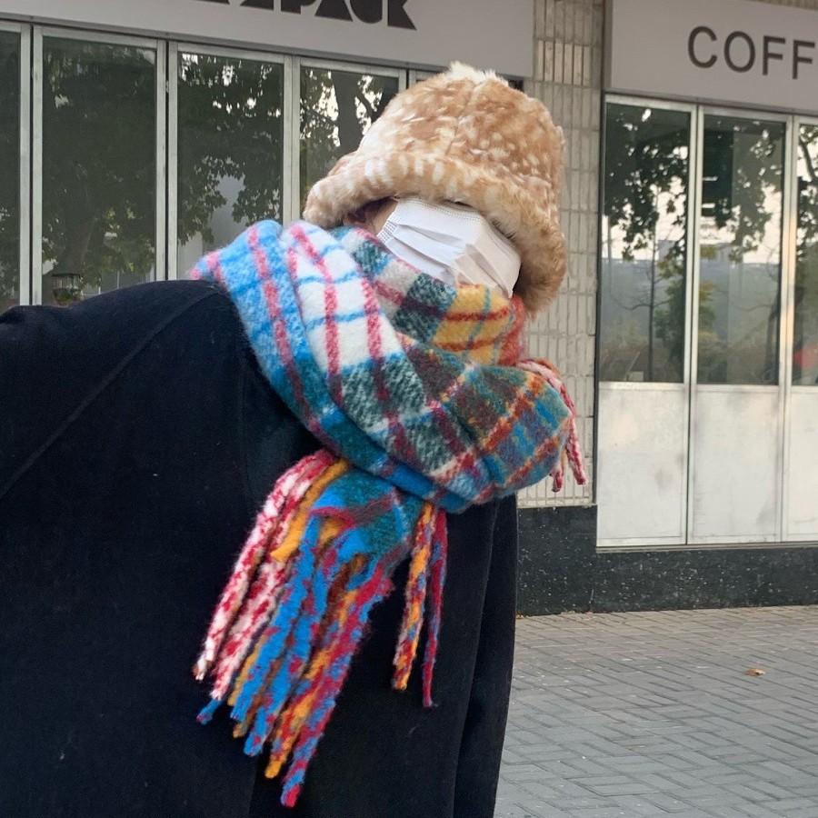 Ретро шарф в радужную клетку женский зимний новый корейская версия мохеровый шарф утолщенный теплый студенческий шаль