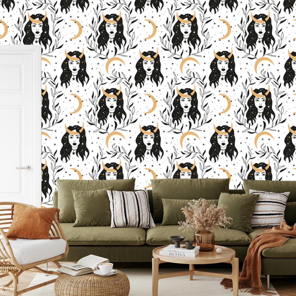 Women and Astrology Wallpaper Graphite and Brown for Living Room and Bedroom 50x1000
