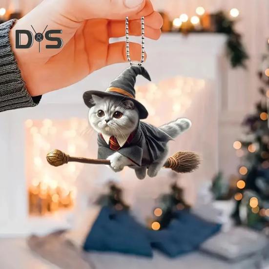 Halloween Wizard Cat Hanging Decoration Home Indoor Christmas Tree Car Rearview Mirror 2D Flat Acrylic Broom Kitten Hanging Ornament Animal Pendant