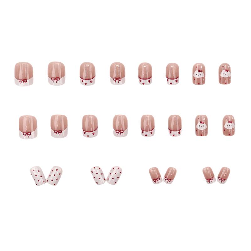 24Pcs Cute Cartoon French Heart Dot Red Butterfly Dog Short Square False Nails With Jelly Adhesive Detachable Fake Fingernails