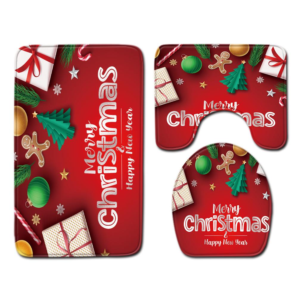Christmas Shower Curtain Floor Mat Combination Four-Piece Set Bathroom Toilet Carpet Shower Room Mat Foot Mat