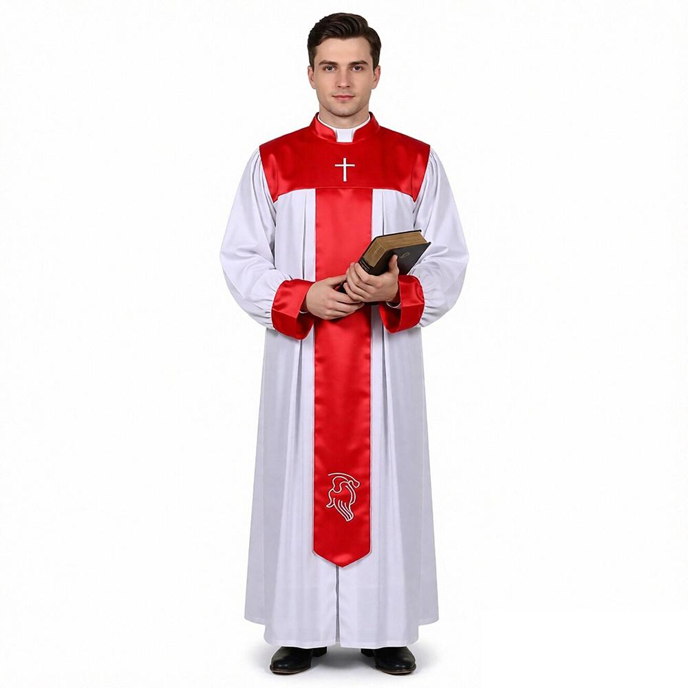 Halloween Priest Cosplay Costume Monk Church Medieval Priest Robe Printed Stand-up Collar Minister Clergy Stage Performance Robe