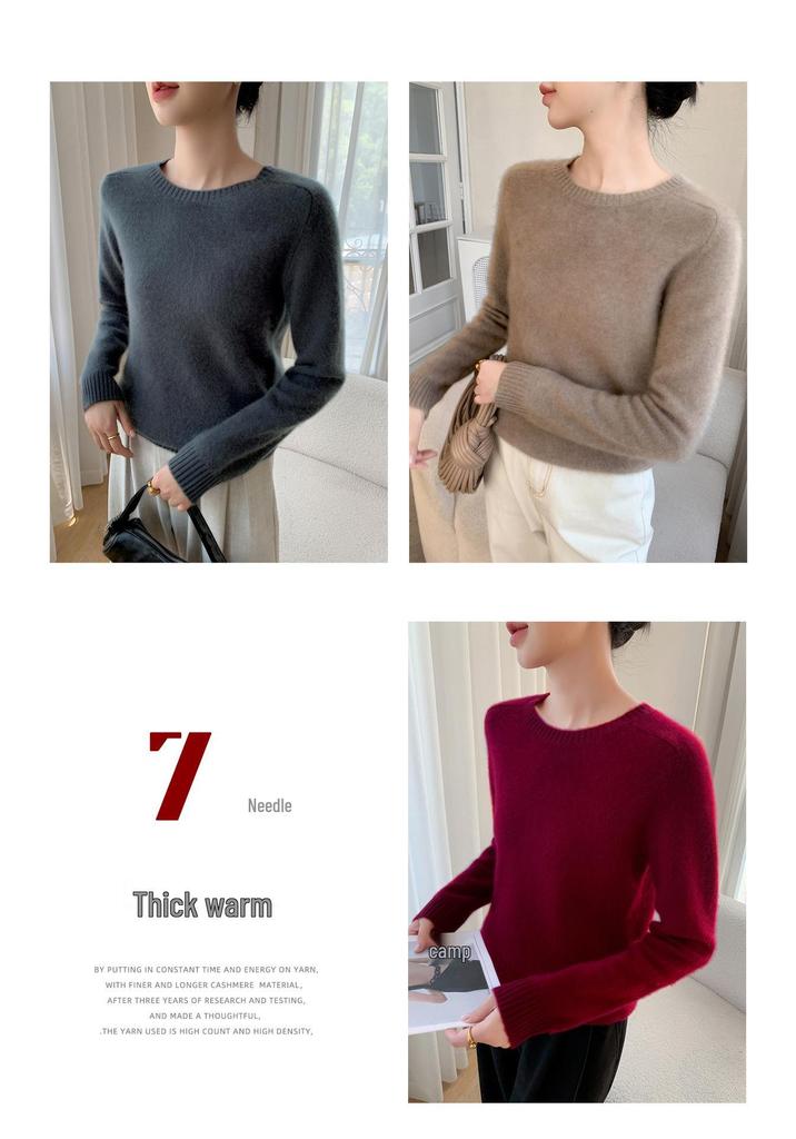 2025 Autumn/Winter Women's Elegant Cashmere Knit Top, Long Sleeve, Loose Fit, Solid Color, Round Neck Sweater