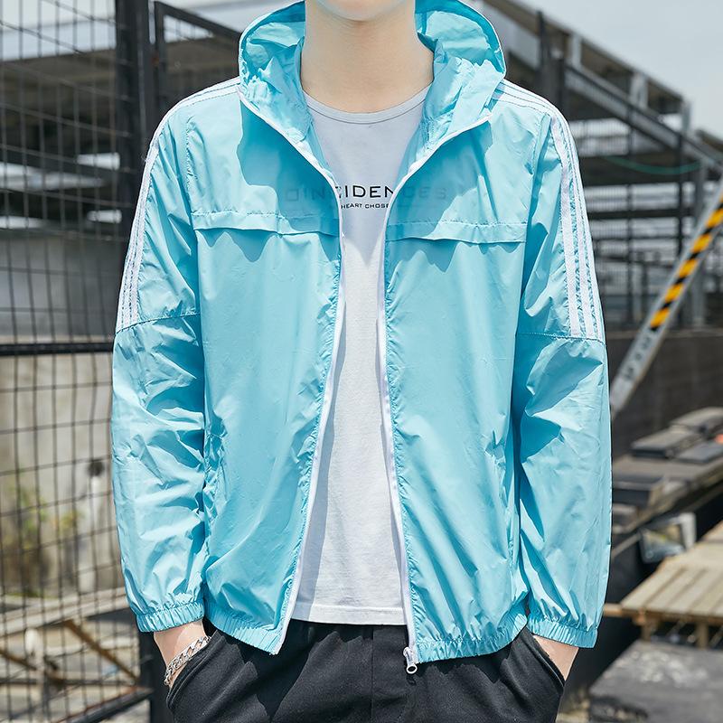 Летняя солнцезащитная куртка, мужская модная универсальная куртка из ледяного шелка в полоску с капюшоном, повседневная легкая ветровка для рыбалки на открытом воздухе