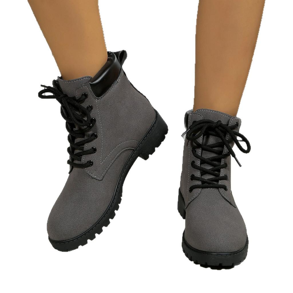 Women's Martin Boots Fashion Color-blocked Boots Front Lace-up Plus Size British Leather Boots Women